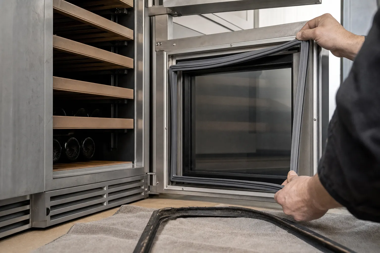 Hands fitting a new grey door gasket to the glass door of a wine storage column, old gasket on the floor