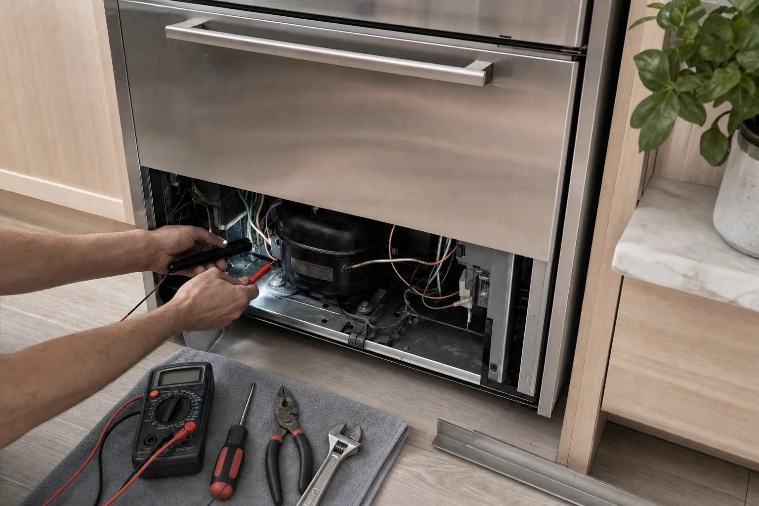 Flashlight and probe at the open base of a stainless undercounter drawer unit, compressor and wiring exposed