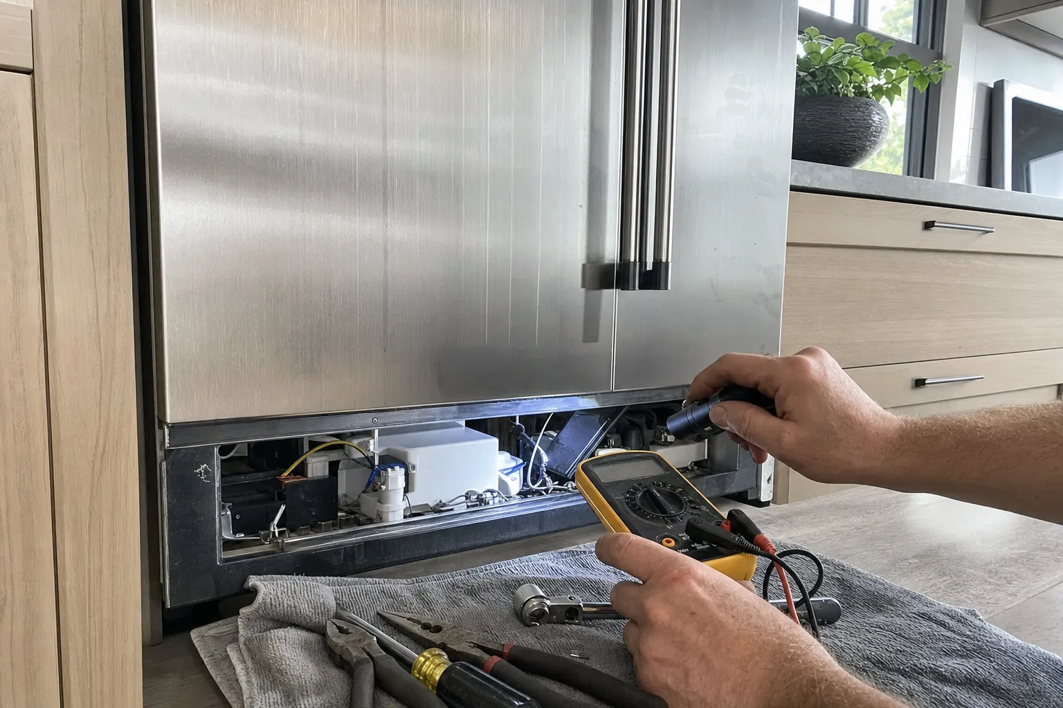 Multimeter and flashlight in hand at the open base compartment of a full-height built-in refrigerator