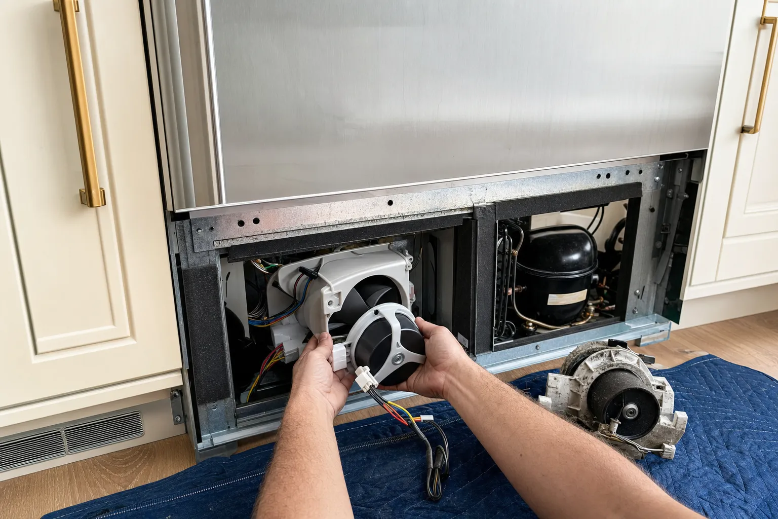 New white evaporator fan motor held at the open base compartment, the old fan lying on a floor blanket