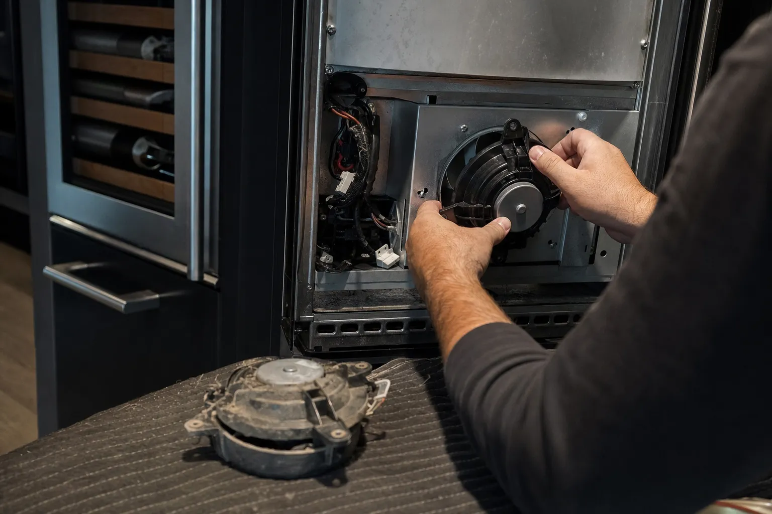 Hands seating a replacement fan motor in an opened machine bay beside a glass-door wine column, the worn fan on a blanket
